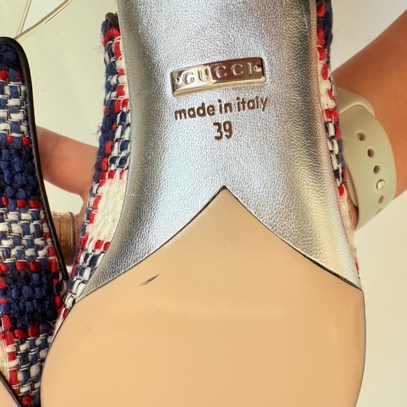 Gucci Navy Red Multicolor Tweed & Plexi Eleanor Strawberry Bamboo Heels EU 39 - Picture 8 of 9
